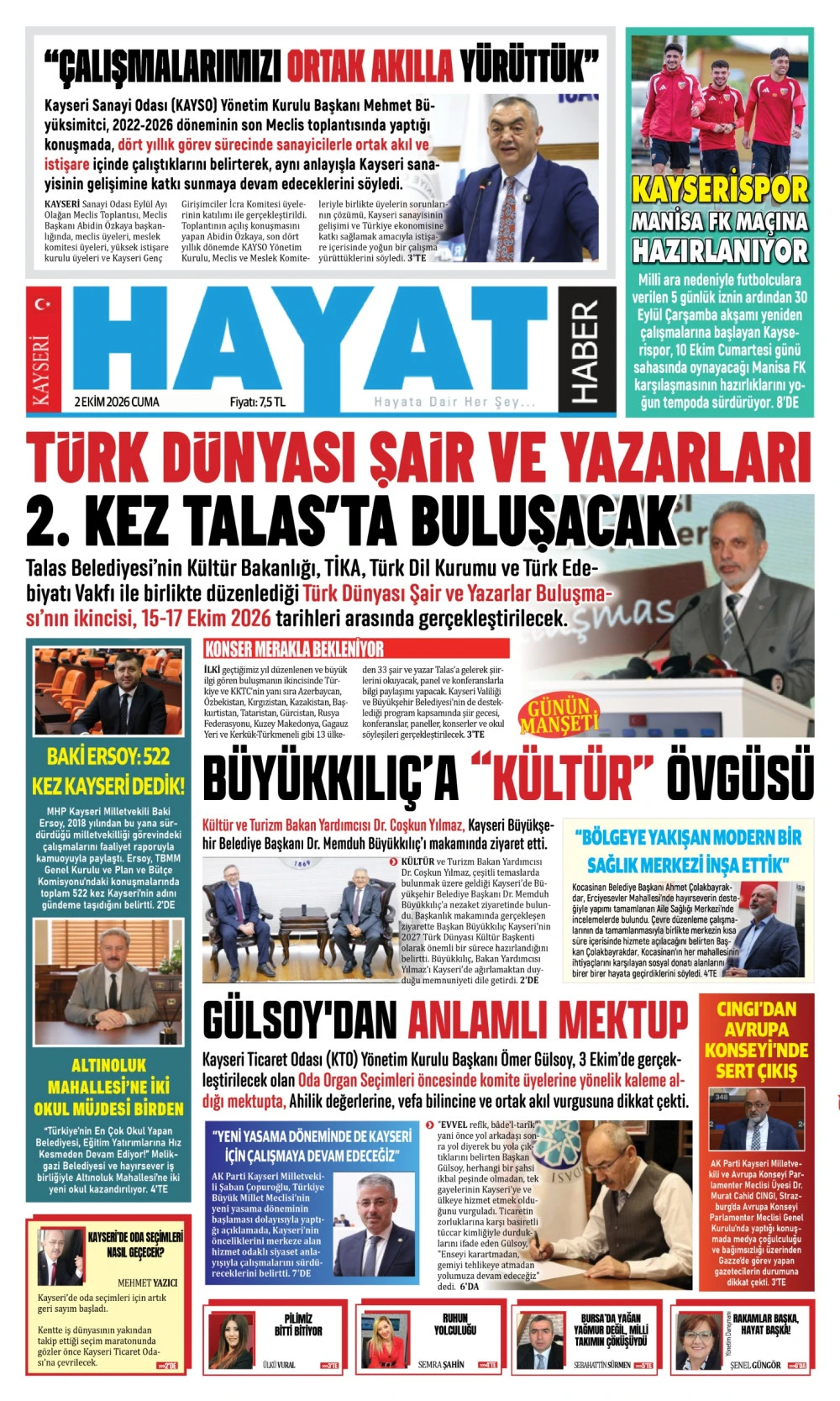 KAYSERİ HAYAT HABER 2 EKİM 2026 