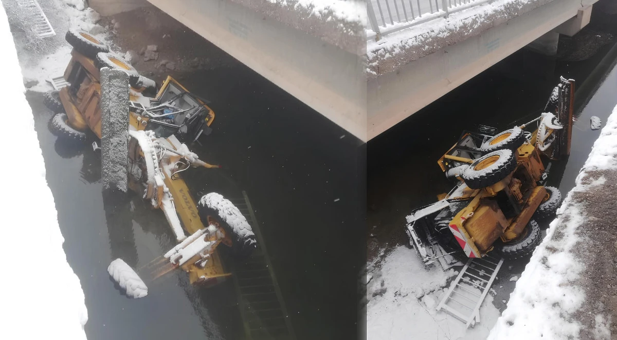 Kar k&uuml;reme &ccedil;alışması yapan iş makinası su kanalına d&uuml;şt&uuml;: 1 yaralı 