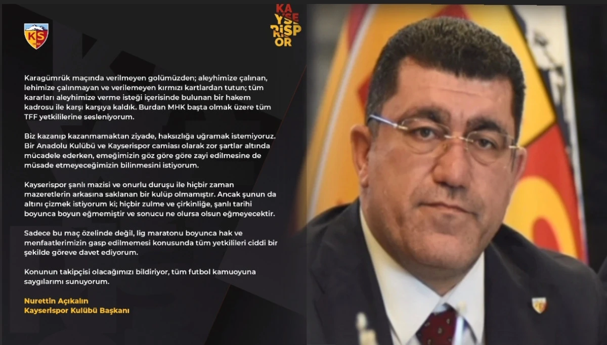 Kayserispor Başkanı Nurettin Açıkalın’dan Hakem Kararlarına Tepki: “Emeğimizin Zayi Edilmesine Müsaade Etmeyeceğiz”