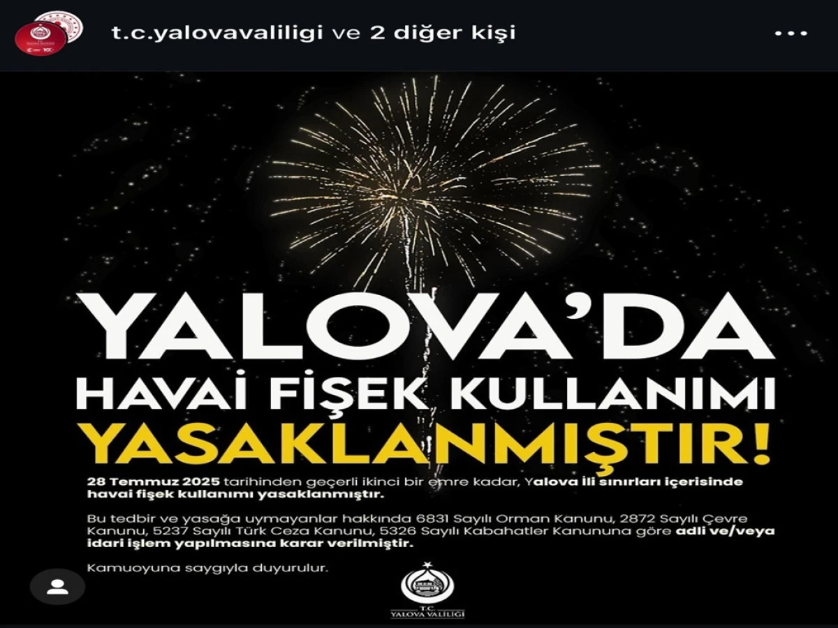 Yalova’da havai fişek kullanımı yasaklandı 